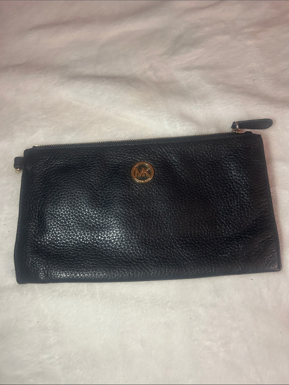 Michael Kors Black Pebbled Leather Zip Wristlet with Gold MK Emblem